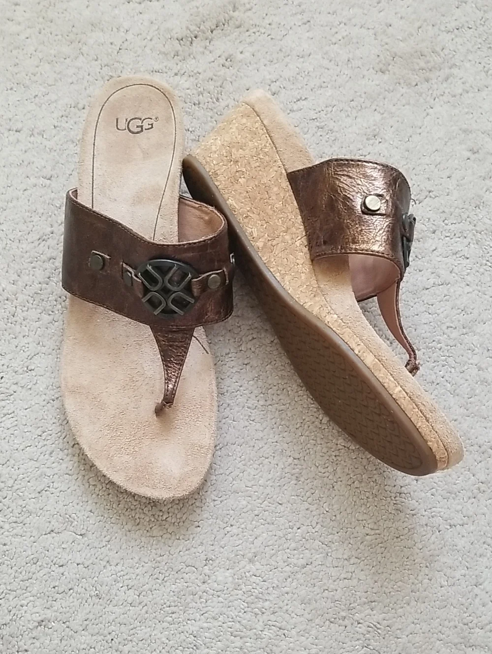 UGG Briella Bronze Leather Cork Wedge Thong Sandals
